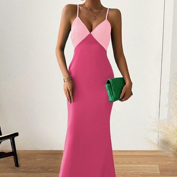Multicolor Sexy Women's Summer Color Blocked Long Tail Spaghetti Strap Dress - Picture 7 of 8